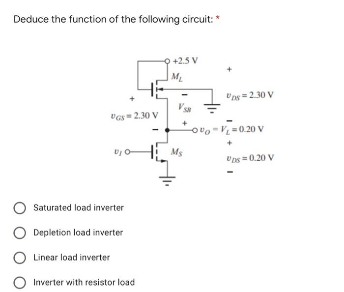 Deduce The Function Of The Following Circuit 2 5 V Vgs 2 30 V Vi O Saturated Load Inverter Depletion Load Inverter 1