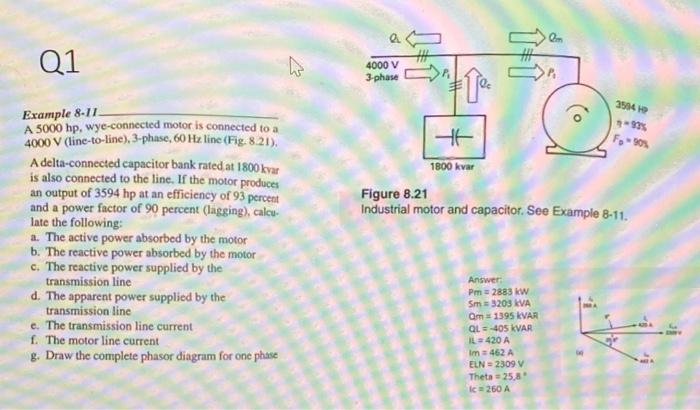 Q1 Example 8 11 A 5000 Hp Wye Connected Motor Is Connected To A 4000 V Line To Line 3 Phase 60 Hz Line Fig 8 21 1