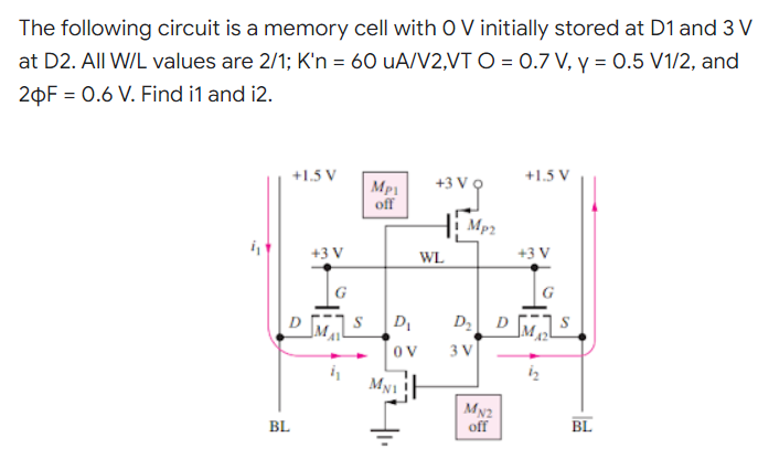 The Following Circuit Is A Memory Cell With O V Initially Stored At D1 And 3 V At D2 All W L Values Are 2 1 K N 60 U 1