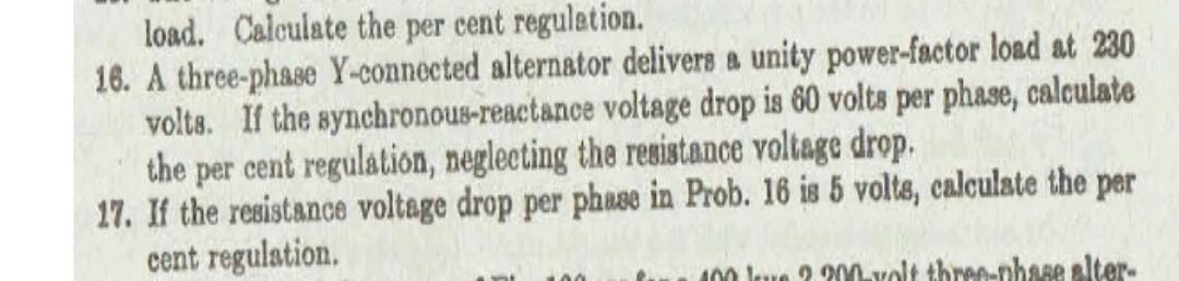 Load Calculate The Per Cent Regulation 16 A Three Phase Y Connected Alternator Delivers A Unity Power Factor Load At 1