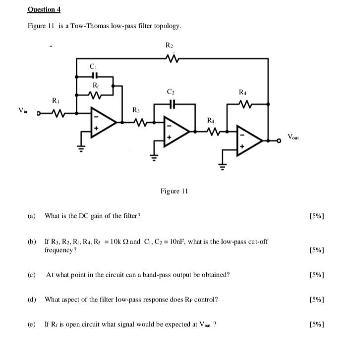 Question 4 Figure 11 Is A Tow Thomas Low Pass Filter Topology R C R Vin W Figure 11 A What Is The Dc Gain Of The F 1