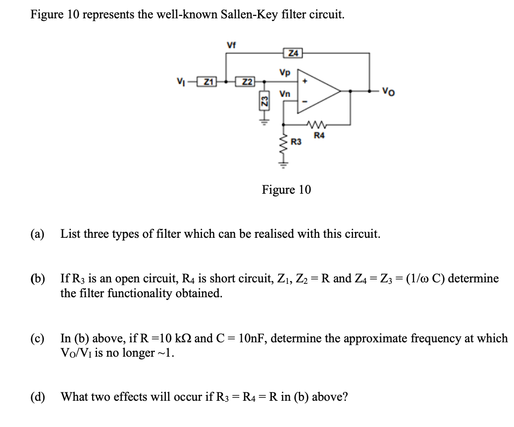 Figure 10 Represents The Well Known Sallen Key Filter Circuit Vf Z4 V 21 R3 Figure 10 A List Three Types Of Filter W 1