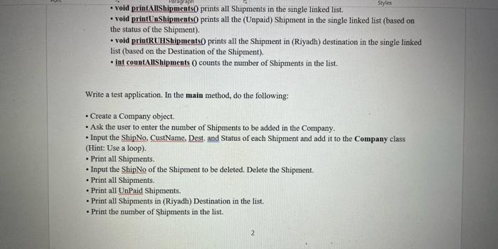 Create The Following 1 Class Shipment The Node That Includes Four Instance Variables Int Shipno The Shipment No 2