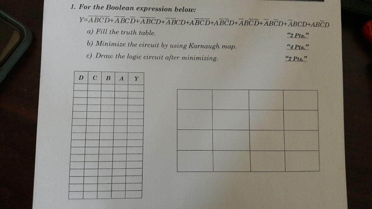 1 For The Boolean Expression Below Y Abcd Abcd Abcd Abcd Abcd Abcd Abcd Abcd Abcd Abcd 2 Pts A Fill The Truth Tabl 1