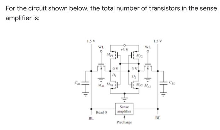 For The Circuit Shown Below The Total Number Of Transistors In The Sense Amplifier Is Isv 1 5 V Bl Wl Mp Read 0 Ov D 1