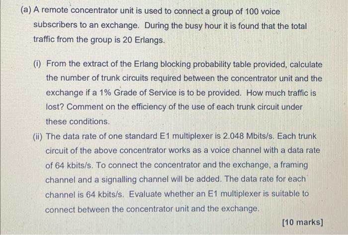 A A Remote Concentrator Unit Is Used To Connect A Group Of 100 Voice Subscribers To An Exchange During The Busy Hour 1