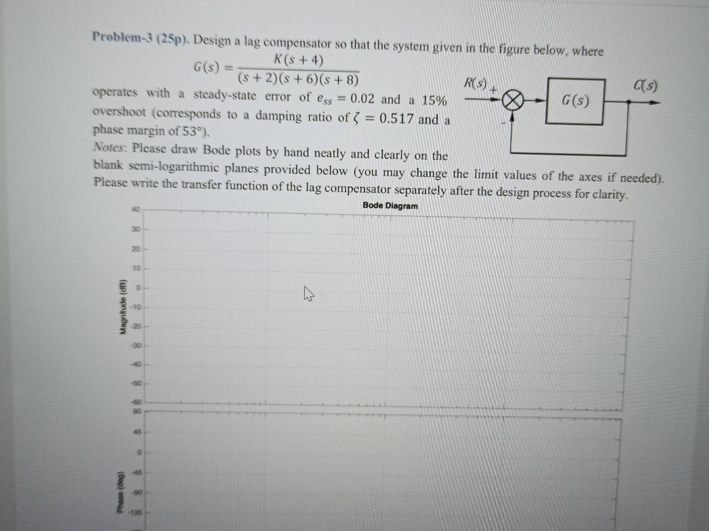 Problem 3 25p Design A Lag Compensator So That The System Given In The Figure Below Where K S 4 G S S 2 S 1