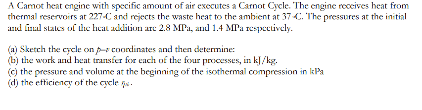 A Carnot Heat Engine With Specific Amount Of Air Executes A Carnot Cycle The Engine Receives Heat From Thermal Reservoi 1