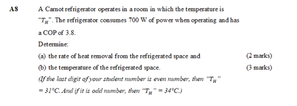 As A Carnot Refrigerator Operates In A Room In Which The Temperature Is Th The Refrigerator Consumes 700 W Of Power W 1