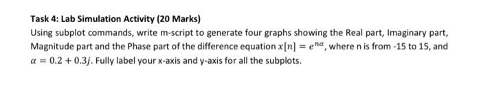 Task 4 Lab Simulation Activity 20 Marks Using Subplot Commands Write M Script To Generate Four Graphs Showing The Re 1