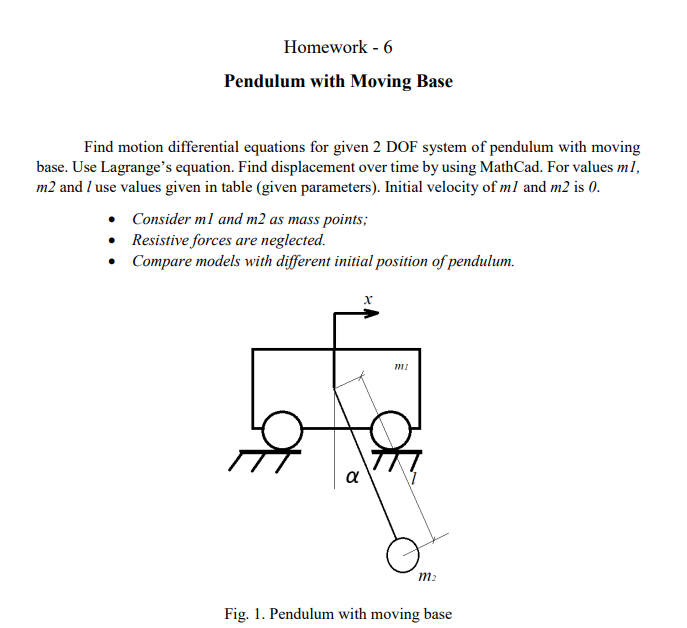 Homework 6 Pendulum With Moving Base Find Motion Differential Equations For Given 2 Dof System Of Pendulum With Moving 1