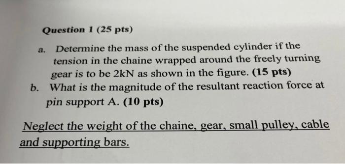 Question 1 25 Pts A Determine The Mass Of The Suspended Cylinder If The Tension In The Chaine Wrapped Around The Free 1