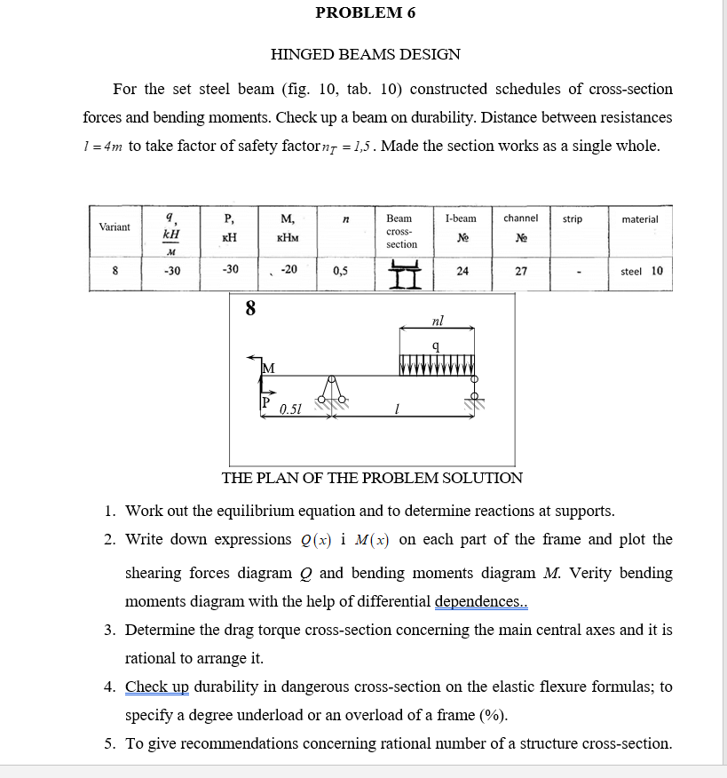 Problem 6 Hinged Beams Design For The Set Steel Beam Fig 10 Tab 10 Constructed Schedules Of Cross Section Forces An 1