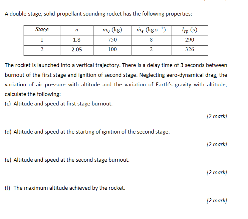A Double Stage Solid Propellant Sounding Rocket Has The Following Properties Stage N Mo Kg Me Kg S Isp S 1 1 8 1