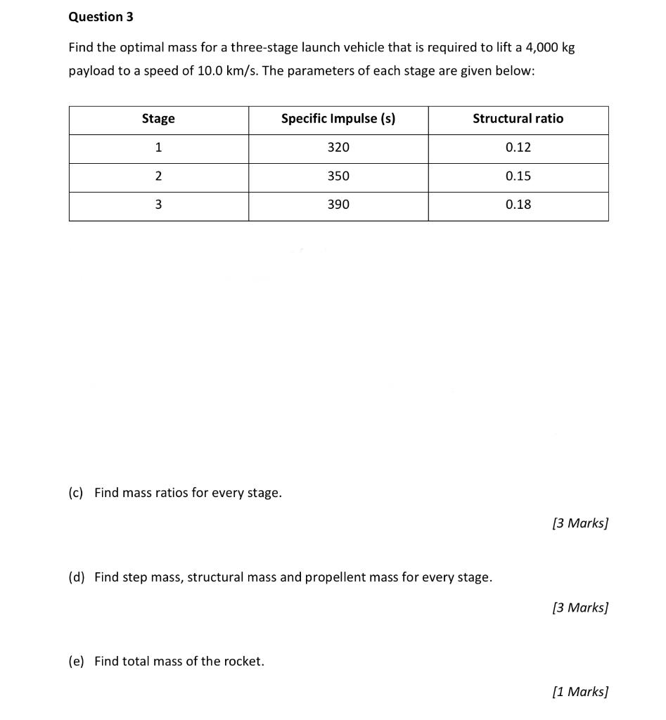 Question 3 Find The Optimal Mass For A Three Stage Launch Vehicle That Is Required To Lift A 4 000 Kg Payload To A Speed 1