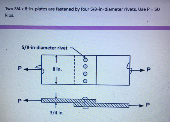 Two 3 4 X 8 In Plates Are Fastened By Four 5 8 In Diameter Rivets Use P 50 Kips 5 8 In Diameter Rivet P 8 In P 3 1