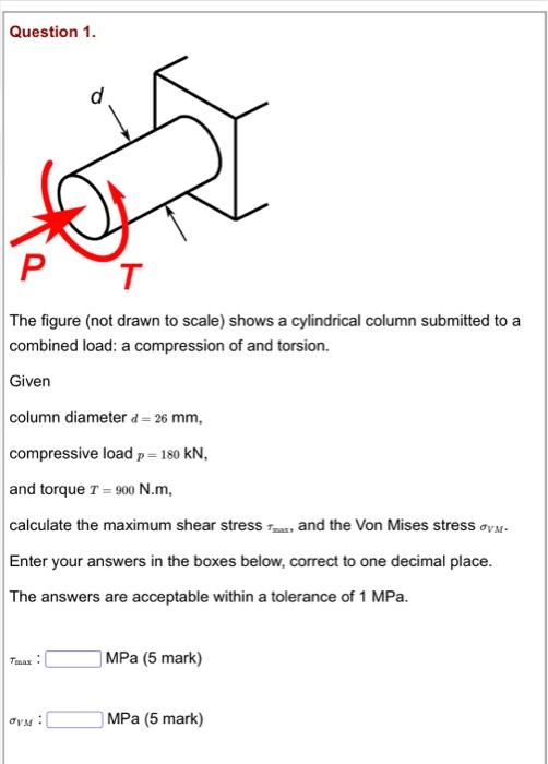 Question 1 D P The Figure Not Drawn To Scale Shows A Cylindrical Column Submitted To A Combined Load A Compression O 1