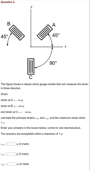 Question 2 45 90 The Figure Shows A Classic Strain Gauge Rosette That Can Measure The Strain In Three Direction Give 1