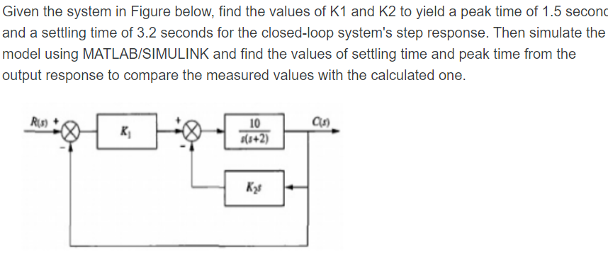 Given The System In Figure Below Find The Values Of K1 And K2 To Yield A Peak Time Of 1 5 Second And A Settling Time Of 1