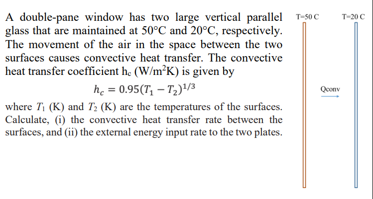 A Double Pane Window Has Two Large Vertical Parallel T 50 C Glass That Are Maintained At 50 C And 20 C Respectively Th 1