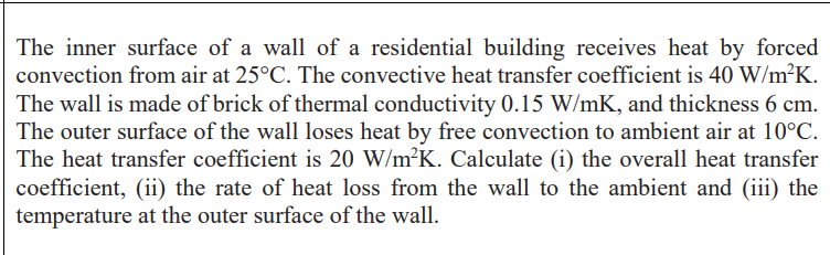 The Inner Surface Of A Wall Of A Residential Building Receives Heat By Forced Convection From Air At 25 C The Convectiv 1