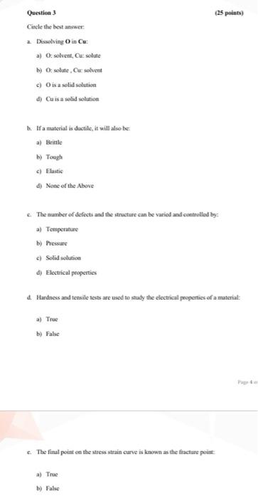 Question 3 Circle The Best Answer 2 Dissolving O In Cu 25 Points A O Solvent Cu Solute B O Solute Cur Solven 1