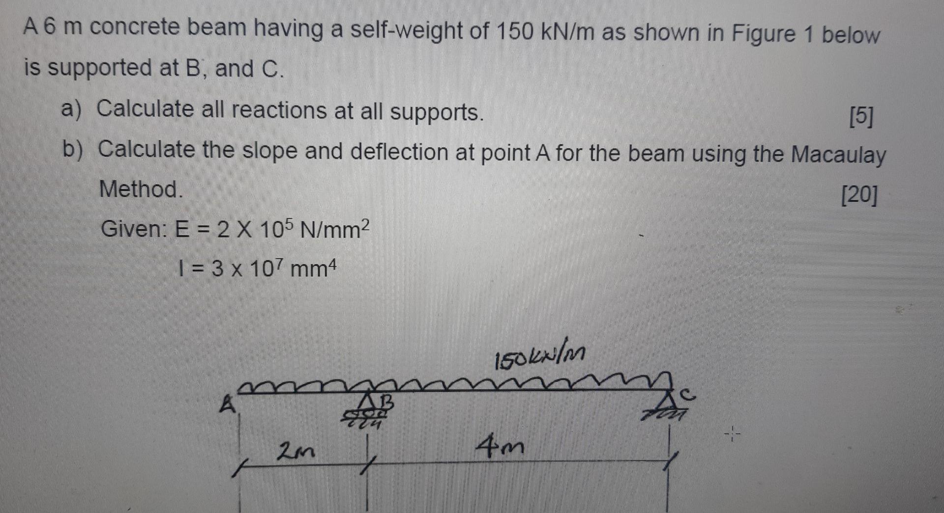 A 6m Concrete Beam Having A Self Weight Of 150kn M Is Supportee At B And C Calculate All Reactions At All Supports Cal 1