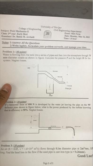 University Of Thi Qur College Of Engineering Chill Eagionering Department Exam Mid Term Subject Fluid Mechanics Ii Cla 1