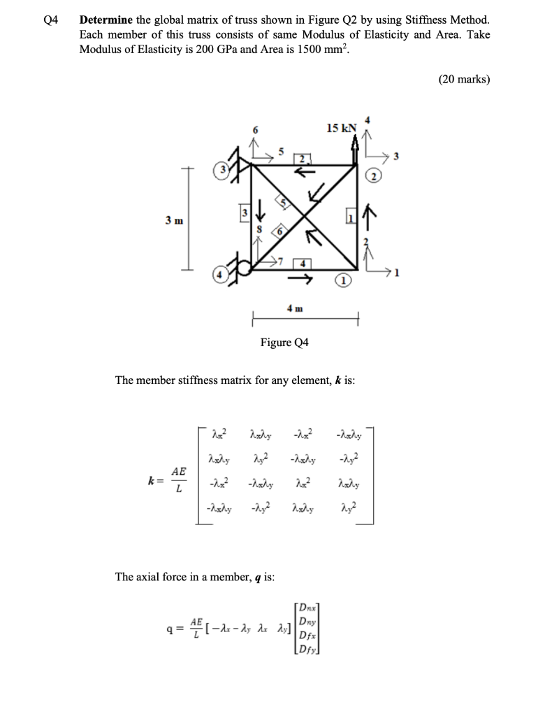 Q4 Determine The Global Matrix Of Truss Shown In Figure Q2 By Using Stiffness Method Each Member Of This Truss Consists 1