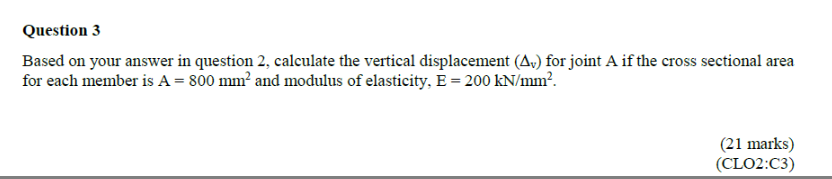 Question 3 Based On Your Answer In Question 2 Calculate The Vertical Displacement Av For Joint A If The Cross Section 1