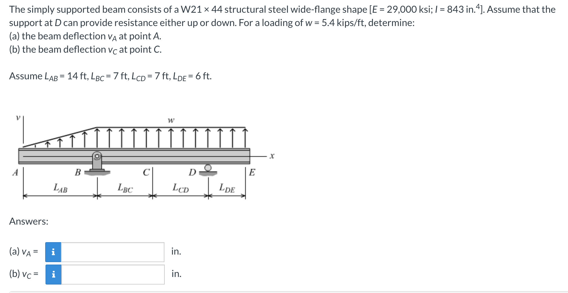 The Simply Supported Beam Consists Of A W21 X 44 Structural Steel Wide Flange Shape E 29 000 Ksi I 843 In 4 Assu 1