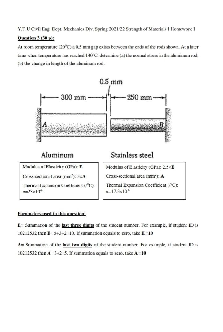 Y T U Civil Eng Dept Mechanics Div Spring 2021 22 Strength Of Materials I Homework I Question 3 30 P At Room Tempe 1