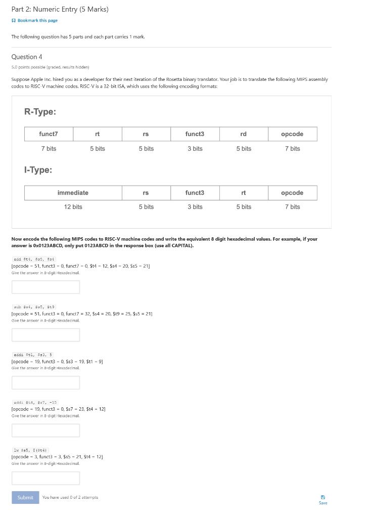 Part 2 Numeric Entry 5 Marks Bookmark This Page The Following Question Has 5 Parts And Each Part Carries 1 Mark Ques 1
