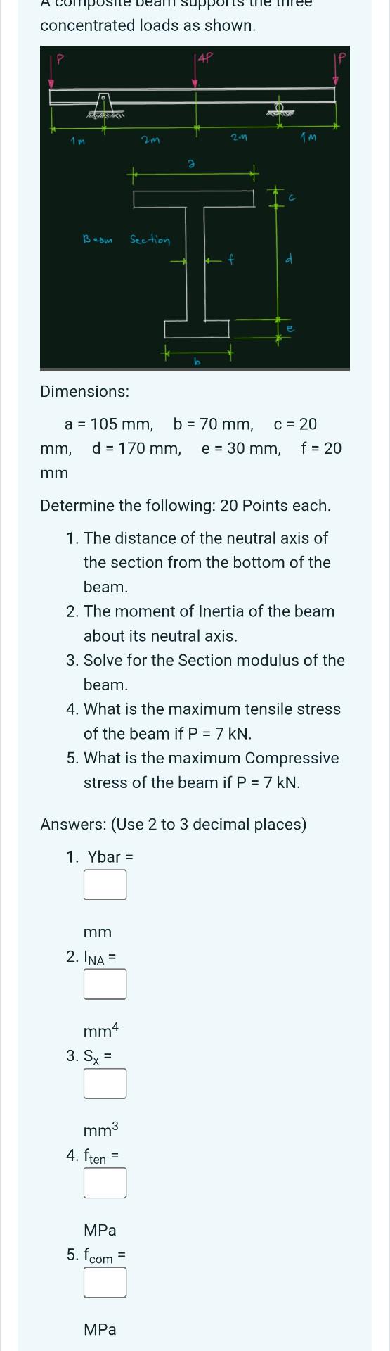 A Composite Beam Concentrated Loads As Shown P 14p S 1 M Tm Beam Dimensions A 105 Mm B 70 Mm C 20 Mm D 170 1