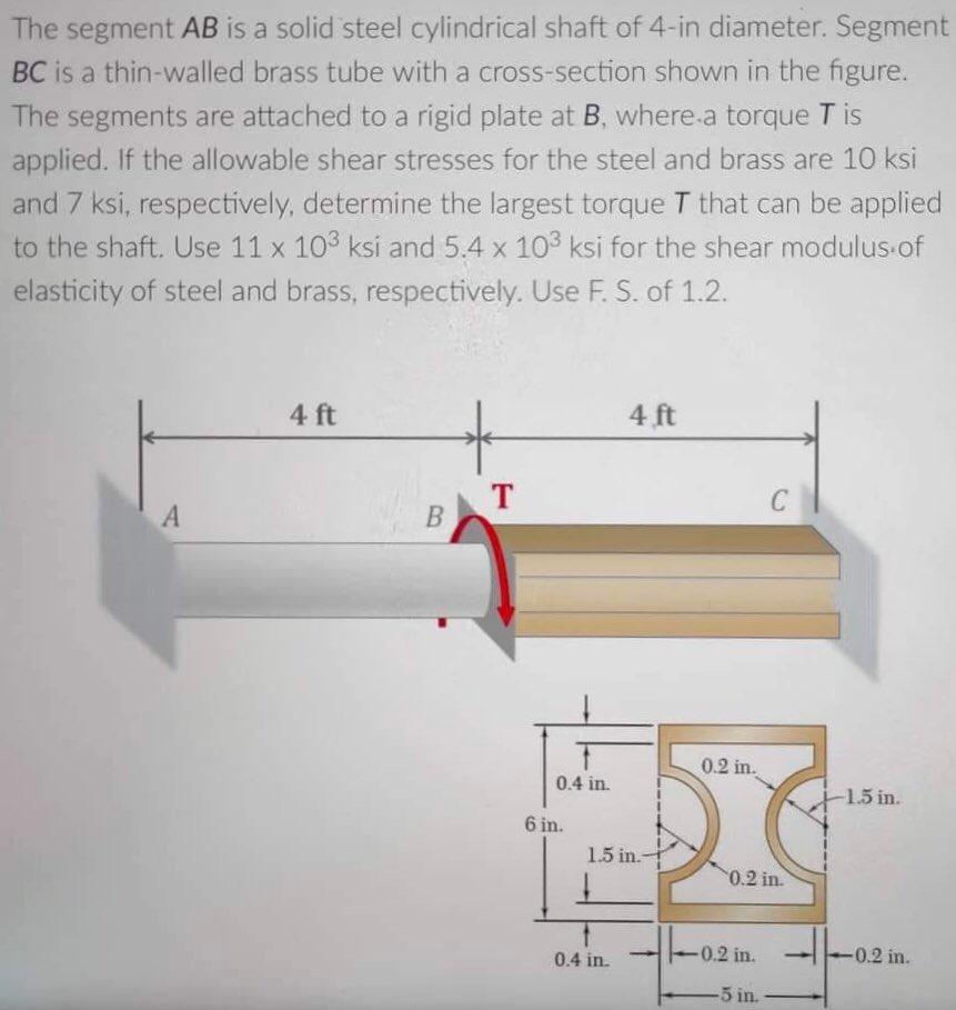 The Segment Ab Is A Solid Steel Cylindrical Shaft Of 4 In Diameter Segment Bc Is A Thin Walled Brass Tube With A Cross 1
