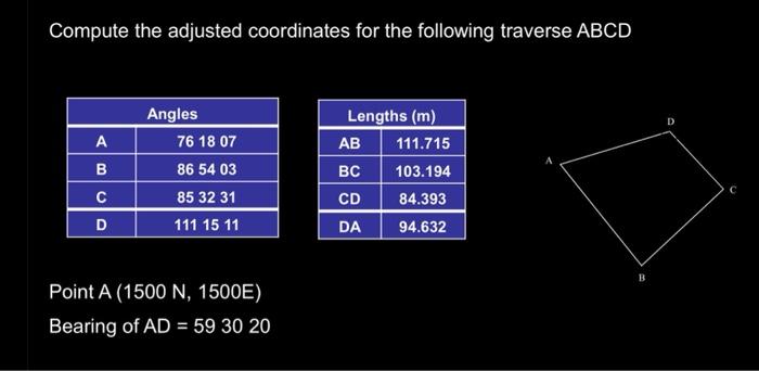 Compute The Adjusted Coordinates For The Following Traverse Abcd Angles Lengths M D A 76 18 07 B 86 54 03 C 85 32 31 D 1