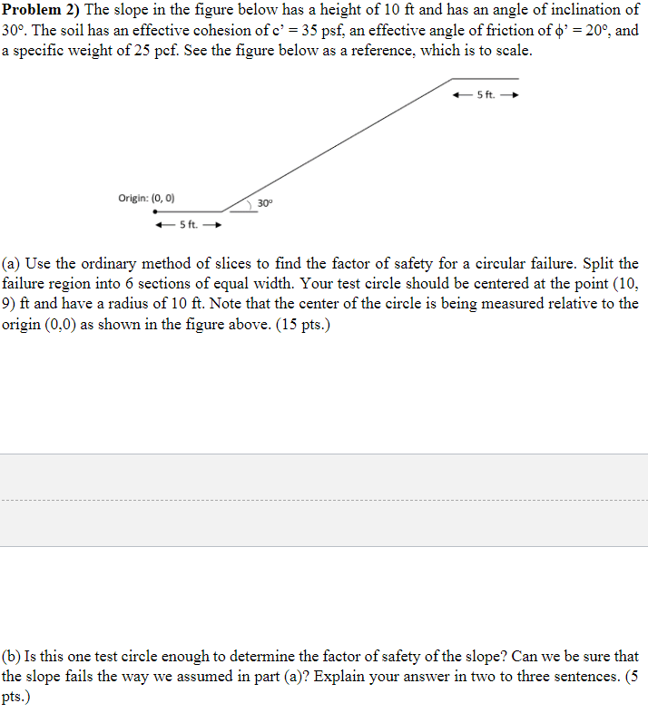 Problem 2 The Slope In The Figure Below Has A Height Of 10 Ft And Has An Angle Of Inclination Of 30 The Soil Has An E 1