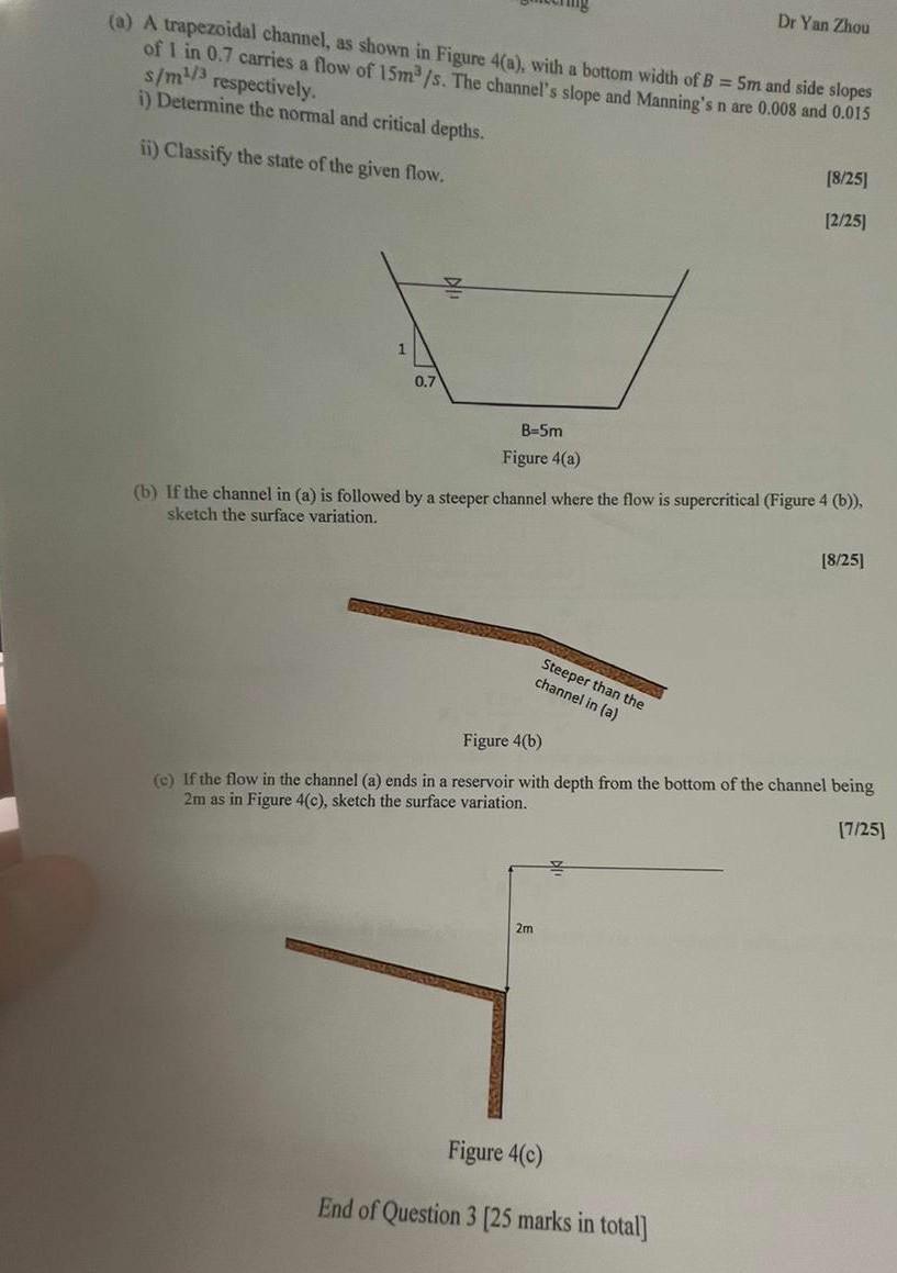 Dr Yan Zhou A A Trapezoidal Channel As Shown In Figure 4 A With A Bottom Width Of B 5m And Side Slopes Of 1 In 0 2