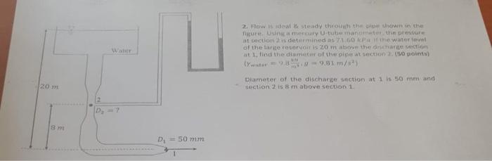20 M 8m D 50 Mm 2 Flow Is Ideal Steady Through The Pipe Shown In The Tigure Using A Mercury U Tube Manometer The 1