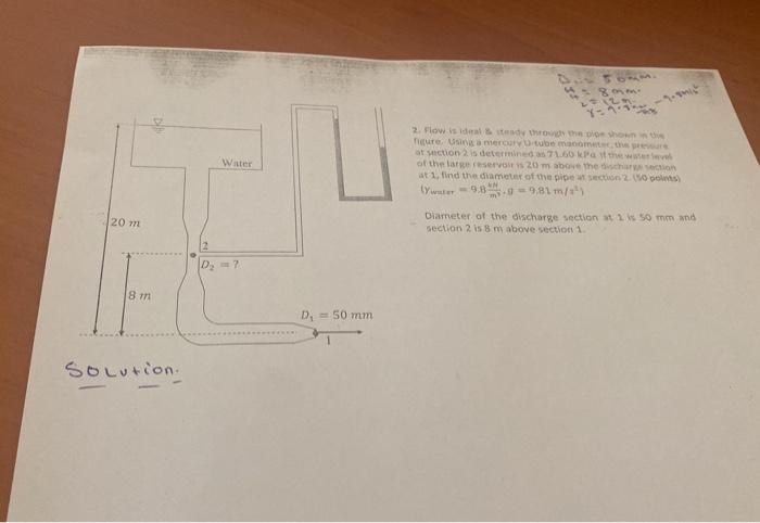 20 M 8 M Solution Water D D 50 Mm D 8mm 125 X 1 2 Flow Is Ideal Steady Through The Ploe Shown In The Figure 1