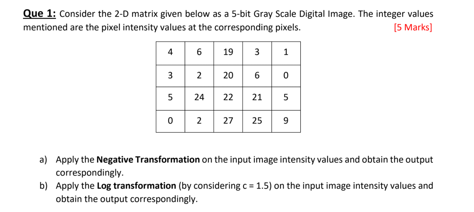 Que 1 Consider The 2 D Matrix Given Below As A 5 Bit Gray Scale Digital Image The Integer Values Mentioned Are The Pix 1