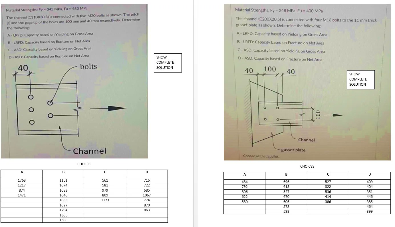 Material Strengths Fy 345 Mpa Fu 483 Mpa The Channel C310x30 8 Is Connected With Five M20 Bolts As Shown The Pit 1