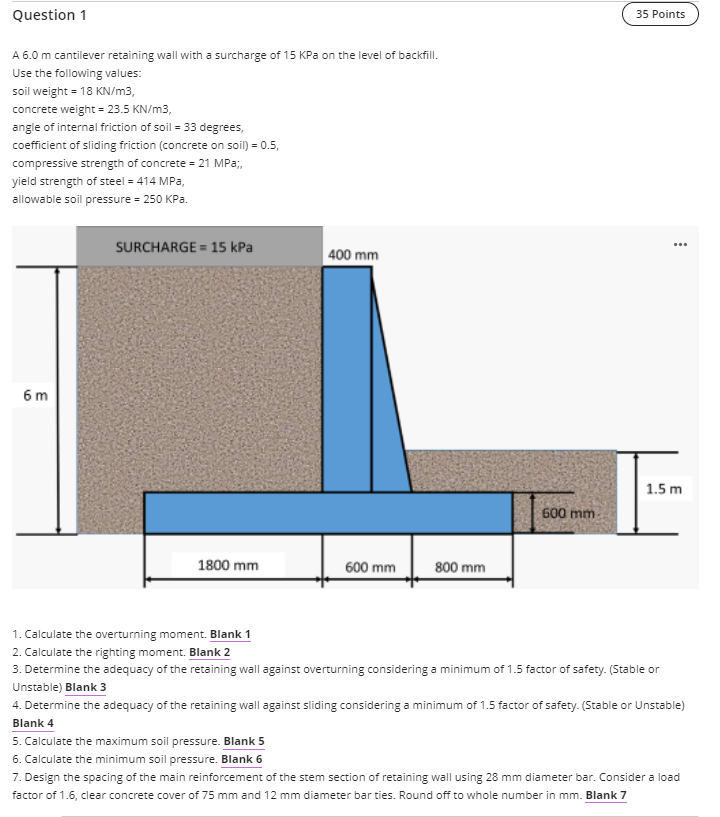 Question 1 A 6 0 M Cantilever Retaining Wall With A Surcharge Of 15 Kpa On The Level Of Backfill Use The Following Valu 1