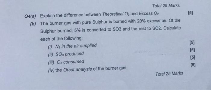Total 25 Marks Q4 A Explain The Difference Between Theoretical O And Excess O 5 B The Burner Gas With Pure Sulphu 1