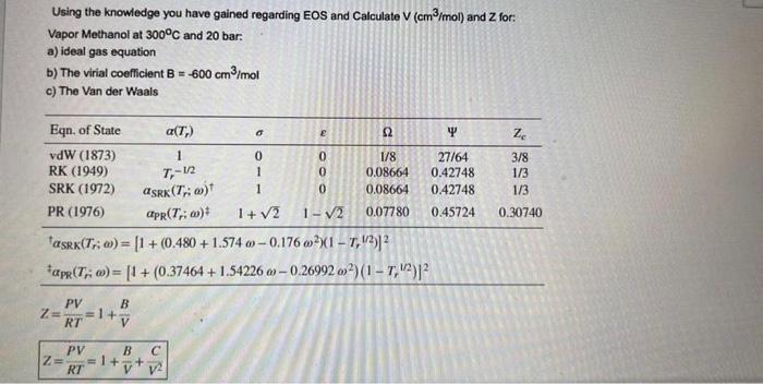 Using The Knowledge You Have Gained Regarding Eos And Calculate V Cm Mol And Z For Vapor Methanol At 300 C And 20 Ba 1