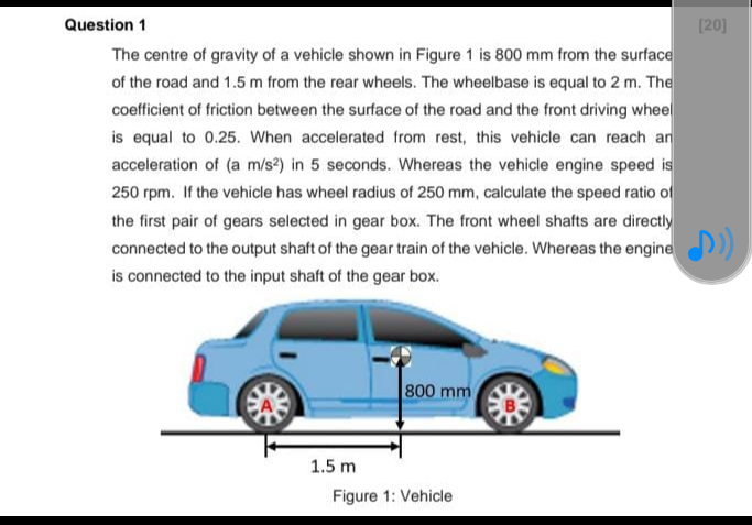 Question 1 20 The Centre Of Gravity Of A Vehicle Shown In Figure 1 Is 800 Mm From The Surface Of The Road And 1 5 M Fr 1