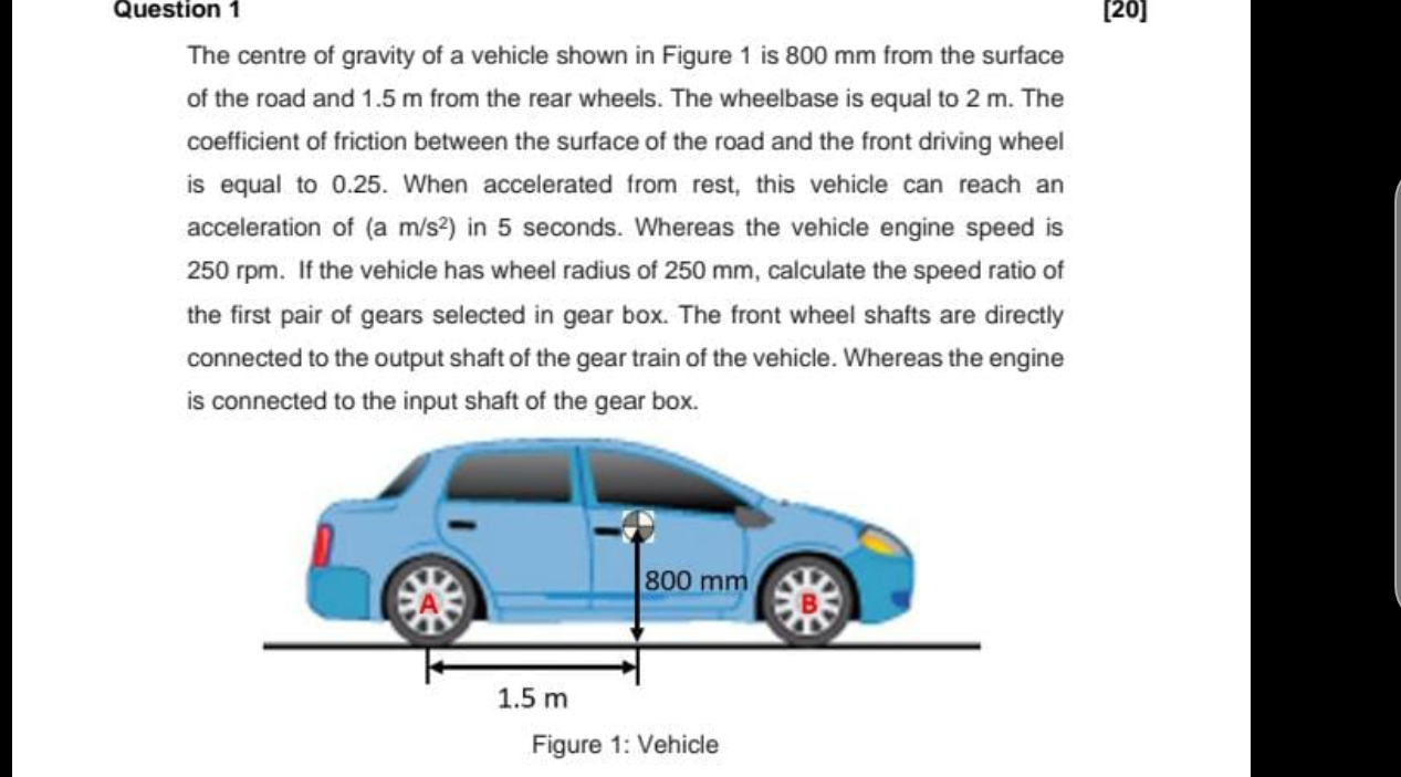 Question 1 20 The Centre Of Gravity Of A Vehicle Shown In Figure 1 Is 800 Mm From The Surface Of The Road And 1 5 M Fr 2