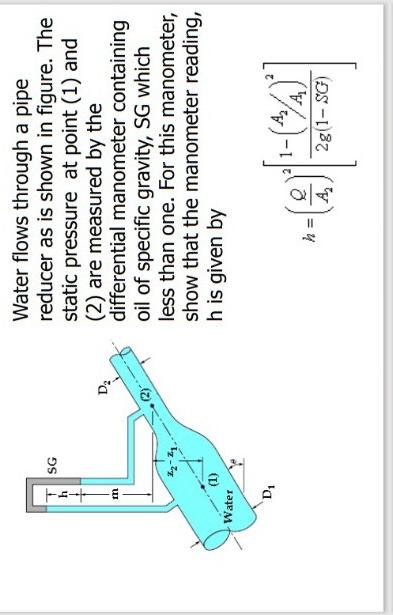 M Water Sg 1 D Water Flows Through A Pipe Reducer As Is Shown In Figure The Static Pressure At Point 1 And 2 Are 1