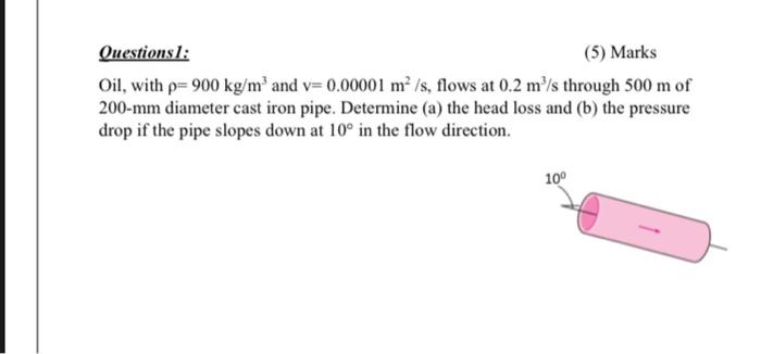 Questions 1 5 Marks Oil With P 900 Kg M And V 0 00001 M S Flows At 0 2 M S Through 500 M Of 200 Mm Diameter C 1