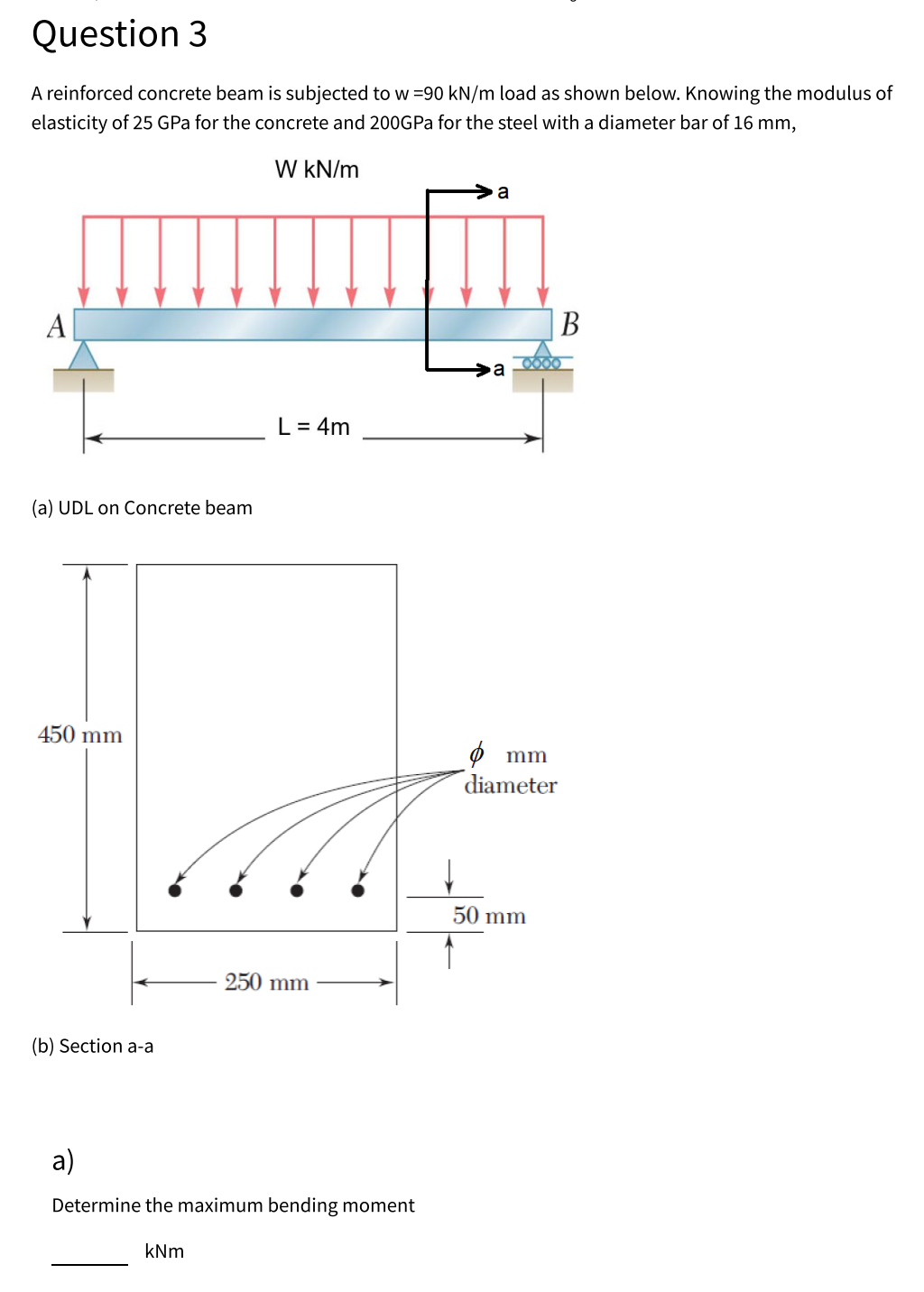 Question 3 A Reinforced Concrete Beam Is Subjected To W 90 Kn M Load As Shown Below Knowing The Modulus Of Elasticity 1